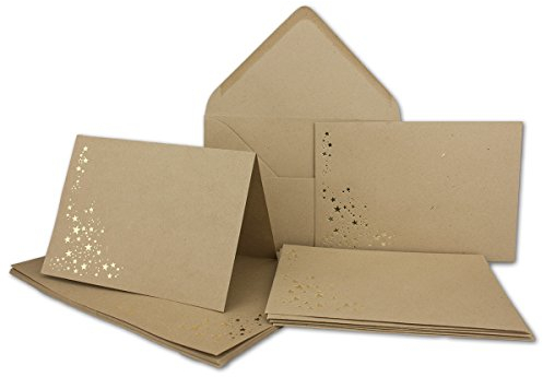 20x Faltkarten-Set mit Umschlägen DIN B6 - Kraftpapier (Braun) mit goldenen Metallic Sternen - 11,5 x 17 cm - bedruckbar - Ökopapier Naturpapier