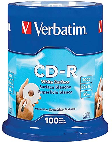 Verbatim CD-R Blank Discs 700MB 80 Minutes 52x Recordable Disc for Data and Music with Blank White Surface - 100 Pack Spindle