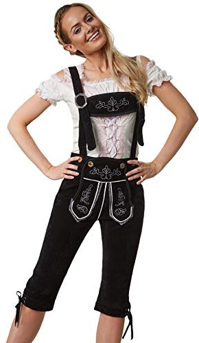 dressforfun Pantalon Femme Oktoberfest Simili Cuir Noir, Bretelles Amovibles et Broderies Fines Blanches, Lederhose Tenue Oktoberfest, Deguisement Femme, Tenue alsacienne, Mariage, Carnaval, Soirée