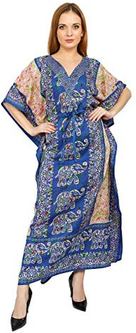Shah Crafts. Women Kaftan Dress Long Night Dress Maxi Gown Beach Cover Up Swimsuit Top Nightdress Robe Loungewear Plus Size Color-Blue Tunic Kimono