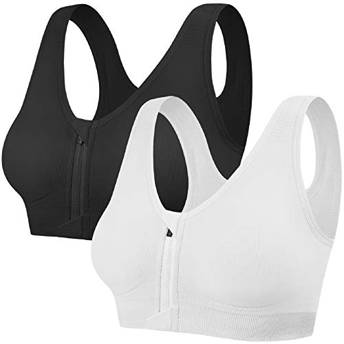 Tuopuda Reggiseno Sportivo Reggiseno Sonno Intimo Donna Senza Ferretto con Cerniera Frontale e Pastiglie Rimovibili per Ginnastica Corsa Jogging Yoga, Nero + Bianco, XL