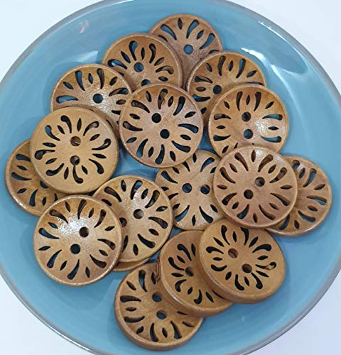 MajorCrafts® 16pcs 23mm Tan Brown Filigree Carved Pattern 2 Holes Round Wooden Large Sewing Buttons Needlework Embellishments