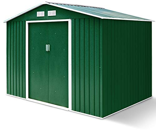 GYMAX Casetta Porta Attrezzi in Lamiera di Acciaio e Lamiera Zincata, Capanno da Giardino con Tettoia, Porte Scorrevole e Finestre, 213 x 127 x 185 cm (Verde)