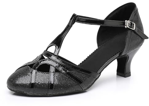 Rosefinch Chaussures de Danse Latine à Bride en T-pour Femme Bout Fermé Mode Salsa Tango Cha-Cha Chaussures de Danse pour Mariage et Soirée -Noir 5cm Talon 41 EU