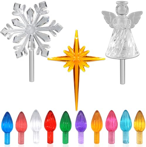 Lot de 110 ampoules de rechange en céramique pour sapin de Noël en 10 couleurs – Piquets en plastique, avec décoration d'ange, flocon de neige et étoiles en croix.