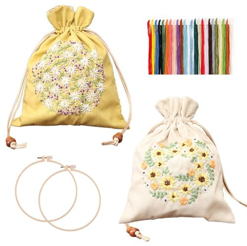 PAIKIUU Lot de 2 kits de broderie avec sac à cordon de serrage pour adultes débutants et adultes, kit de couture en toile avec motifs floraux, instructions et cerceaux Jaune et blanc