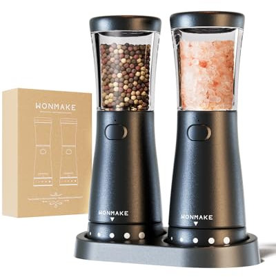 Electric Salt and Pepper Grinder Set with 4.5oz Large Capacity, Stainless Steel Rechargeable Salt and Pepper Grinder with 1.8 Wide Mouth, Storage Base,Adjustable Coarseness, and One-Hand Operation