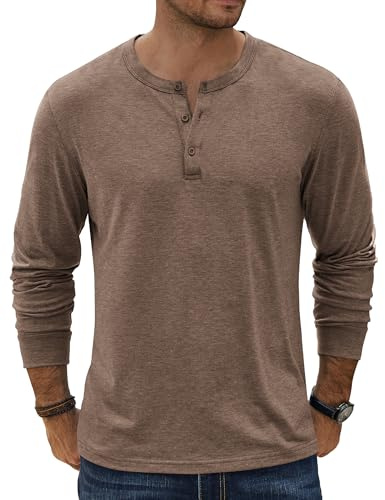 COOFANDY Men's Vintage Henley Shirts Casual Slim Fit Lightweight Long Sleeve Henley Pullover Basic Solid T-Shirt Soft Henley Tees Brown