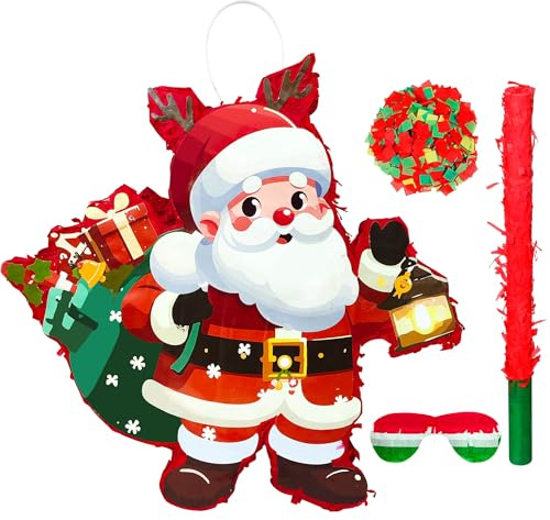 Santa Claus Pinata, 5 Pcs Christmas Decorations Set - Santa Pinata, Christmas Piñata Stick Stickers Blindfold and Confetti, for Xmas Decorations Santa Claus Theme Piñata