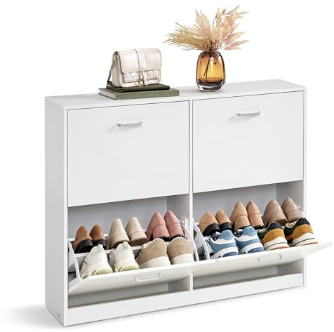 VASAGLE Schuhschrank 4 Klappen, Schuhkipper, Schuhregal, Schuhaufbewahrung, Trennwand verstellbar, für 16-28 Paar Schuhe, Flur, 24 x 105,5 x 82,7 cm, schneeweiß LBC035W01