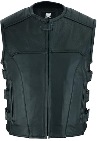 RAXUS K-20 Chaleco Hombre Cuero Motero Chaleco de moto de cuero genuino (FR/ES, Letras, M, Regular, Regular, Negro)