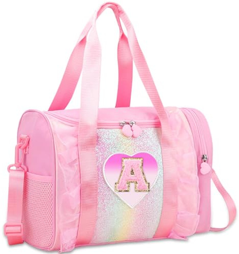 Personalized Initial Dance Bag for Girls - Toddler Travel duffle bag Gift for Teen Girls Lightweight Water Resistant Oxford Backpack for Ballet Cheerleading Sleepovers Gymnastics Pink A