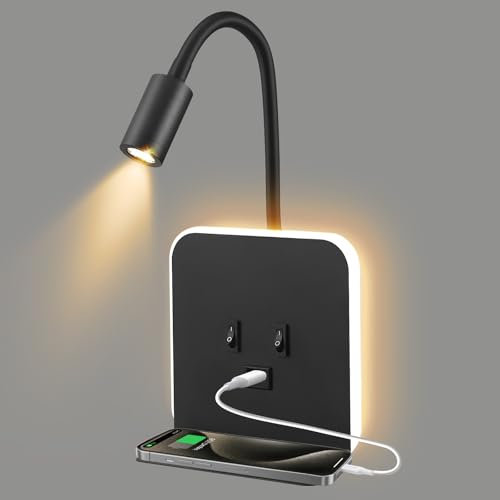 LED Wandlampe, 3W + 9W Leselampe Wandmontage Nachttisch mit Tablett und USB Ladeanschluss und Schalter, 350° Drehbare Schlafzimmer Bettlampe Leselicht Wandleuchte für Korridor Wohnzimmer (01)