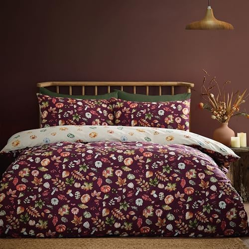 Catherine Lansfield Autumn Pumpkins Reversible Single Duvet Cover Set with Pillowcase Plum