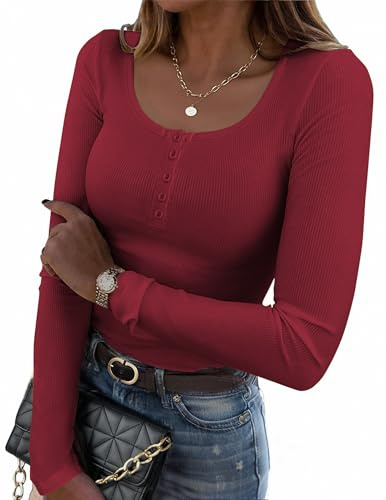 Zeagoo - Camiseta de manga larga para mujer, ajuste slim, suéter básico con botones, de punto acanalado, con escote, elástico, de un solo color, tops, borgoña, S