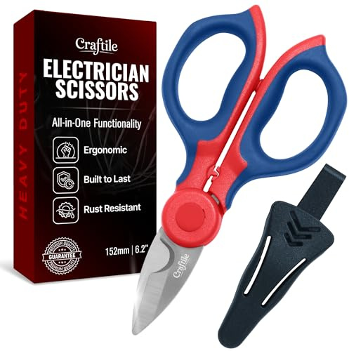 6-Inch Electrician Scissors – Heavy Duty Stainless Steel Electrical Scissor with Serrated Blade, Wire Stripper, Crimper & Belt Clip Holster – Sharp, Durable, Comfortable Grip for Electrical Work