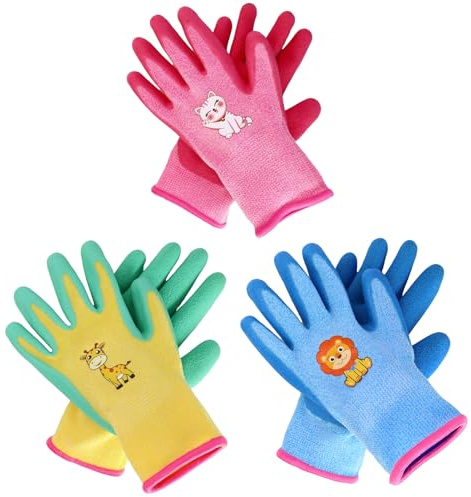 zizitips 3 Paia di Guanti da Giardino per Bambini 2-5 Anni, Guanti Flessibili e Comodi con Palmo in Lattice, Simpatici Motivi Animali, Antiscivolo, Ideali per Giardinaggio, Fai-da-Te e Pittura