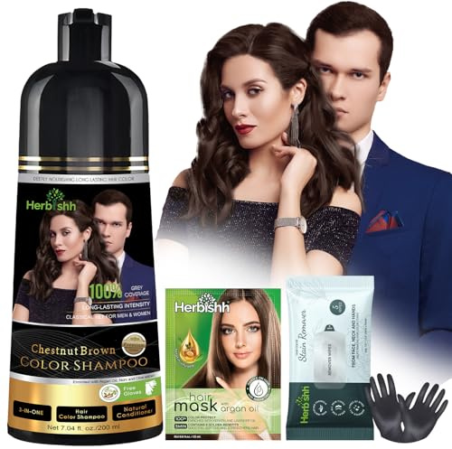 Herbishh Chestnut Brown Hair Dye Shampoo 200ml + Hair Color Stain Remover Wipes – Grey Coverage & Mess-Free Cleanup