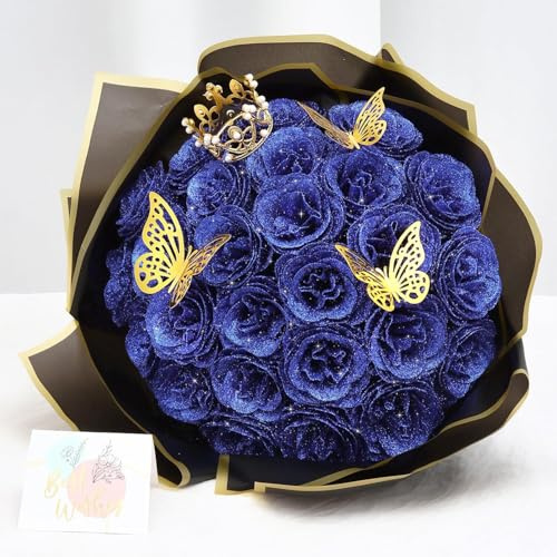 Dremisland Lot de 26 Bleu Bouquets de Roses Artificielles à Paillettes Fleurs Artificielles Deco Mariage Fausses Roses Fleurs avec Tige Rose Artificielle pour Mariage et Fiançailles Jardin Maison