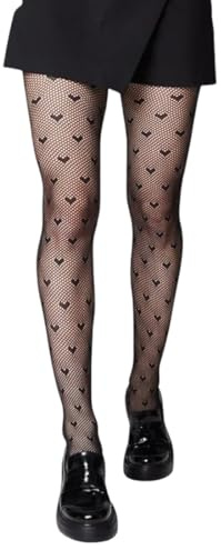 HABNI 1 Medias de Encaje Negro para Mujer, Medias Florales de Cintura Alta, Medias de Red Estampadas para Varios Escenarios Patrón de Amor Peso Adecuado 40-75 kg