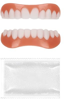 2 Pairs False Teeth Set Full Dentures Braces Whitening Cosmetic Tooth Covering Snap on Smile Teeth Cosmetic Veneers Teeth Temporary Dentures,Top and Bottom Contains Teething Gel