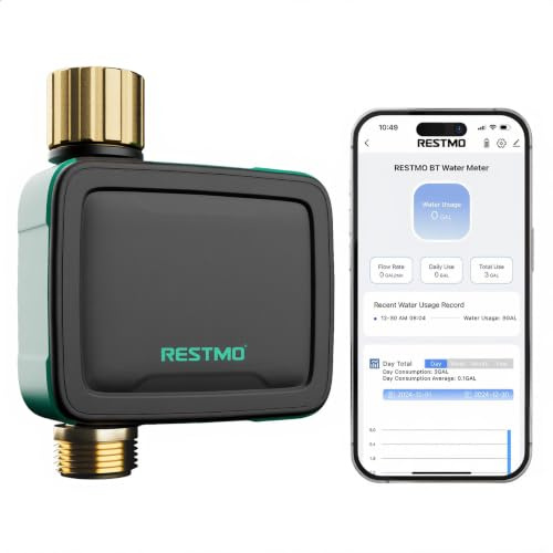 RESTMO Smart Sprinkler Timer Water Timer for Garden Hose | Smart Irrigation Timer with Flow Meter, Brass Inlet & Outlet,Automatic Lawn Irrigation Bluetooth Connection, Not Include Hub