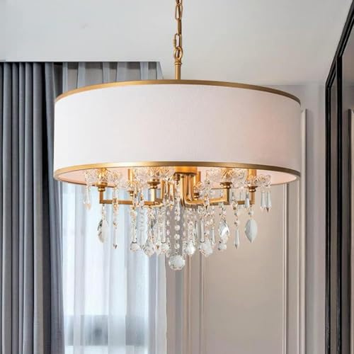 Traditional White Round Chandelier Crystal Pendant Ornament Compatible with Dining Room 6-Lights Adjustable Chain Drum Light Fixture, Ceiling Light
