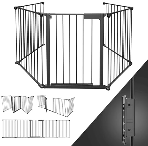Peviasot Kaminskyddsgaller med metall 310 cm | Öppet spisgaller vikbart avspärrningsgaller | säkerhetsgaller med trycköppningsmekanism | Dörrskydd för barnsäkring, 5 delar svart