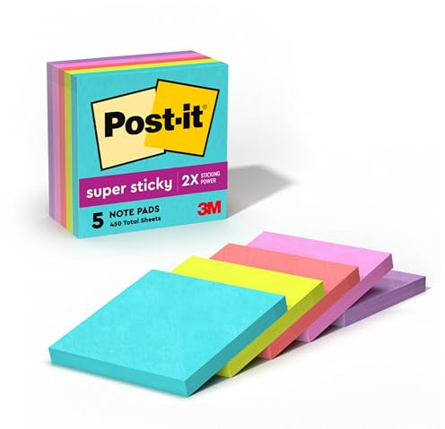 Post-it Super Sticky Notes, 2X Sticking Power, 3 x 3, Miami Collection, 5 Pads per Pack, 90 Sheets per Pad (654-5SSMIA)