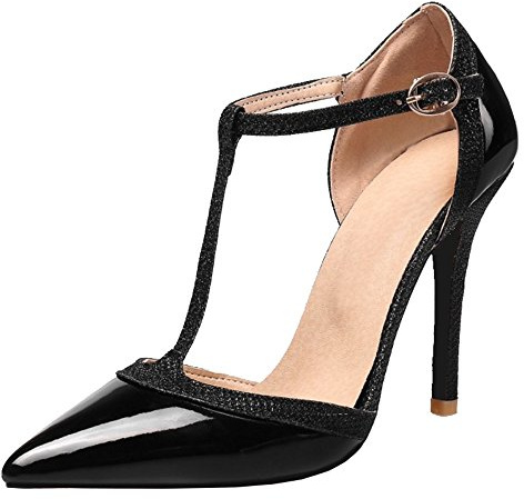 Mo Joc Women Elegant T-Strap Sandals with Stilettos and Pointed Toe Working Shoes with Large Black