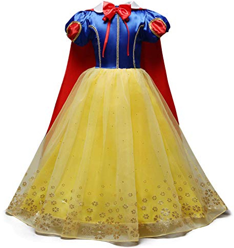 FMYFWY Costume de Carnaval Princesse Robe de Blanche Neige avec Cape Filles Conte de Fée Snow White Déguisements Halloween Noël Robe de Soirée Cérémonie Anniversaire Robes 7-8 Ans