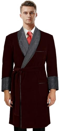 Apornipal Men's Long Velvet Smoking Jacket Smoking Robe with Belt Shawl Lapel Quilted Dressing Gown, Wine Red, 40