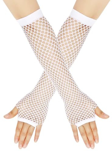 Lansonee 1 Pair Fishnet Gloves Long Fishnet Gloves Party Dress Skirt for Women and Girls-White