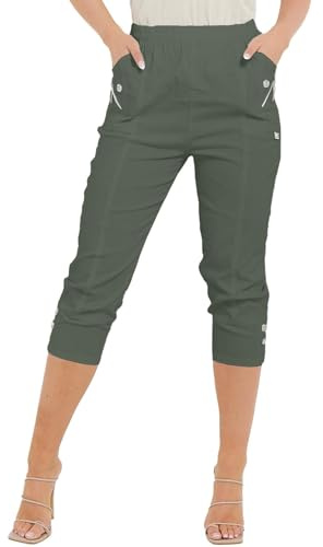 Pure Fashion UK Cropped Trousers New Cherry Berry Soft Cotton Stretch Capri Cropped 3/4s Elasticated Cropped Trousers Pants Size 8-26 UK (as8, Numeric, Numeric_12, Regular, Regular, Khaki)