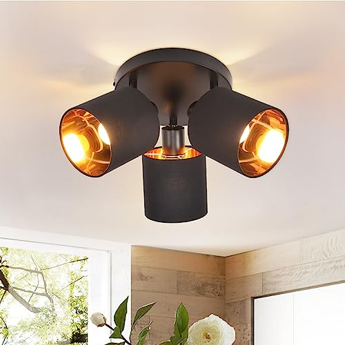 Glitzerlife Deckenleuchte 3 Flammig Deckenstrahler Schwarz - Deckenlampe Vintage Deckenspot E14 Schwenkbar 350° Schwarz Stoffschirm Modern für Wohnzimmer Küche Flur MAX.25W (ohne Leuchtmittel)