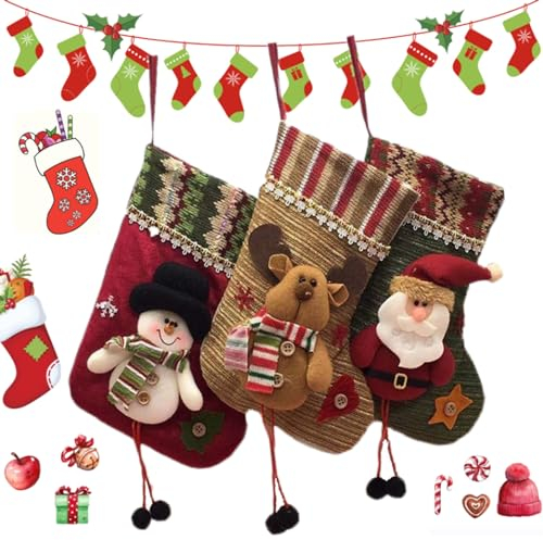 yeemeen Nikolausstiefel zum Befüllen, Weihnachtsstrumpf 3er Set, Nikolaus Socken Groß, Nikolausstrumpf zum Befüllen und und Aufhängen, Süßigkeitenbeutel, Weihnachtsmann, Rentier, Bär(23 * 15cm)