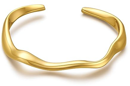 WOWORAMA Wave Cuff Bracelets for Women - Round Irregular Open Bangle Bracelets - Simple Adjustable Mobius Bracelet - Gold Round Wave Cuffs