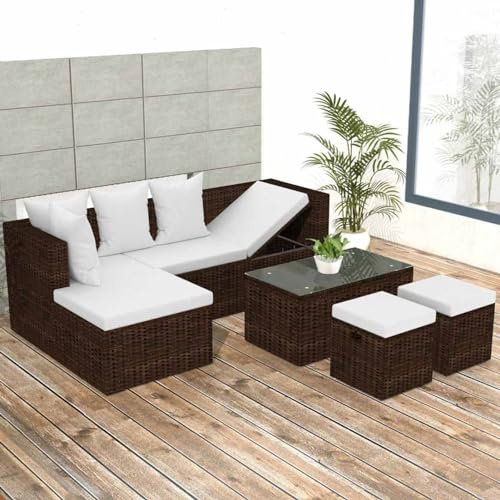 Homgoday Conjunto Jardín de Ratán, Muebles Jardín Exterior Conjunto Terraza Resistente a Rayos UV, con Cojines, Modular Sofa, Estructura en Acero Set Muebles de jardín 4 Piezas Marrón