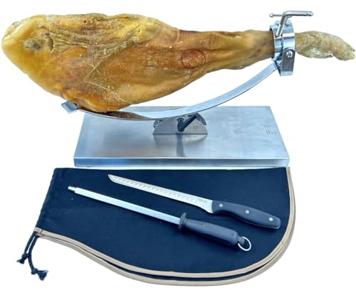 NERTHUS FIJ 1449 Supporto per prosciutto Supporto per prosciutto basculante e testa rotante in acciaio inox + Copri prosciutto nero + Affilatore manuale + Coltello per prosciutto