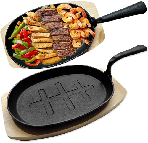 andrew james Pre-Seasoned Cast Iron Skillet Pan Sizzle Plate with Wooden Base, Grilling Griddle Pan Ideal for Cooking, Searing, Sautéing, and Serving – Skillet for Stove Top, Hob, Oven & Grill Use