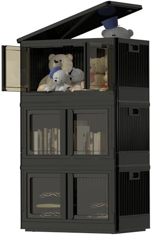 FLEXISPOT 72L*3 Storage Boxes with Lids, Foldable Plastic Containers, Space-Saving Organiser Boxes, Collapsible Laundry Baskets, Compact Stacking Crates for Home Storage, Dark Black