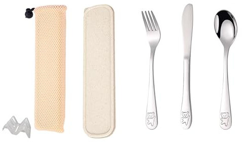 QZLSAYSL 6 pezzi, Scatola Di Posate Per Bambini, Set Di Posate Da Viaggio Portatile, Include Scatola, Forchetta, Cucchiaio, Coltello, Clip, Borsa (beige)