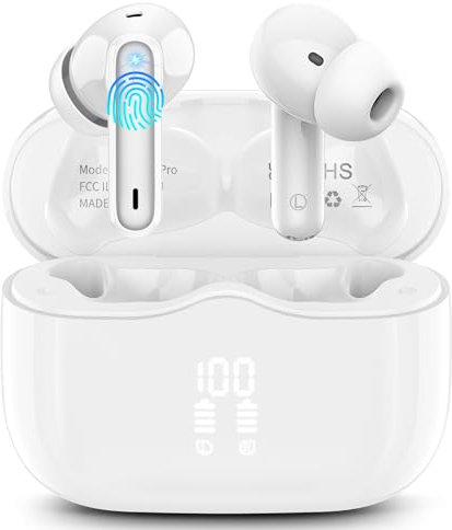 Bluetooth Kopfhörer, Kopfhörer Kabellos Bluetooth 5.3 In Ear Kopfhörer mit 4 ENC Noise Cancelling Mic, Kabellose Kopfhörer Tiefer Bass Wireless Earbuds 40Std, IP7 Wasserdicht, LED Anzeige, Weiß