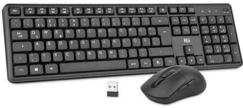 Rii Tastatur Maus Set Kabellos, 2.4 GHz Leise Funktastatur mit Maus, Wireless Keyboard and Mouse, für PC/Laptop/Windows/MacOS/Linux, QWERTZ Deutsches Layout - Schwarz
