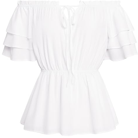 Scarlet Darkness dam renässans traditionell blus medeltida axellös volangblus, Vit, M