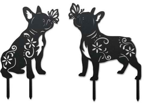 WADORN Piquets de Jardin Décoratifs en Métal Bouledogue Français, 2 Style Statues D'Extérieur en Métal Bouledogue Silhouette de Chiot Noir Ornement Cadeaux Chiens Piquets pour Jardin Terrasse Pelouse