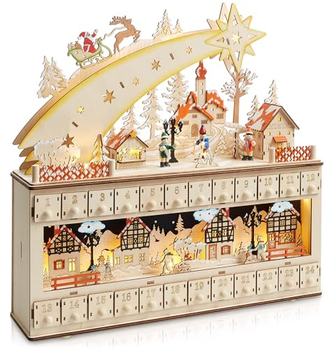 Casafield Wooden Christmas Advent Calendar, Pre-Lit with Drawers Holiday Decoration with Shooting Star and LED Light-Up Background