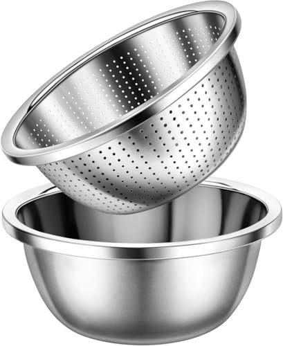 YC Kitchen Sieb Edelstahl, 24 cm mit Rührschüsseln, Sieb für Küchennahrung zum Waschen von Nudeln, Obst, Gemüse, Spülmaschinenfest (2 Sstück)