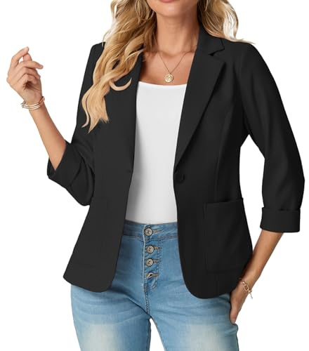 GRECERELLE Womens Blazer Suit Elegant 3/4 Sleeve Notch Lapels Collar Jackets Business Work Office Cardigans Jacket Suiting & Blazers with Pockets Button for Ladies (Black, 18)