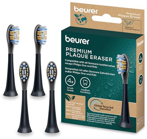 Beurer SC Plaque Eraser – 4 Testine di Ricambio per Spazzolini Elettrici Sonici, Compatibili con Philips Sonicare (escl. One & Kids), Setole da Fonti Rinnovabili, Durezza Media Rimuovi Placca